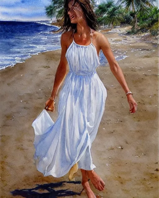 Image similar to a photorealistic watercolor of a woman with translucent white dress walking by the beach, by Steve Hanks, highly detailed and realistic, intricate HD, emotional realism