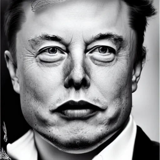 Prompt: elon musk with donald trump hair, black and white photo potrait