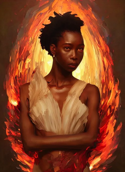 Image similar to portrait of african man, fire, red aura in motion, floating pieces, painted art by tsuyoshi nagano, greg rutkowski, artgerm, alphonse mucha, spike painting