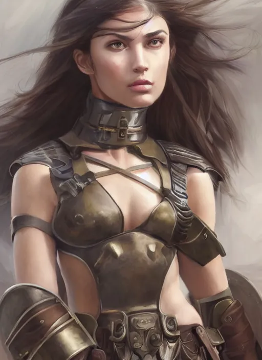 Image similar to a professionally painted portrait of an attractive young girl, partially clothed in battle armor, olive skin, long dark hair, beautiful bone structure, symmetrical facial features, intricate, elegant, heroic pose, digital painting, concept art, smooth, sharp focus, finely detailed, beautifully framed, from Metal Gear, in the style of Artgerm and Greg Rutkowski