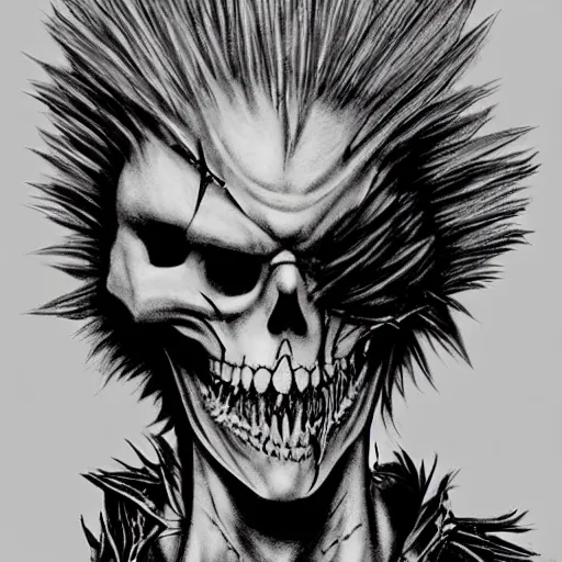 Prompt: a portrait of the grim reaper as a punk rocker playing an electric guitar, punk, skeleton face, mohawk, dark, fantasy, leather jackets, spiked collarsand wristbands, piercings, boots, ultrafine detailed pencil art on paper by frank frazetta and vito acconci and and takeshi obata, death note style, symetric body, sharp focus