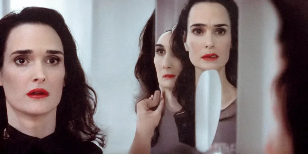 Image similar to ultra wide angle photo of winona ryder dressed in a white blouse and black dress pants as diana prince looking at herself in a bathroom mirror and seeing her reflection as wonder woman