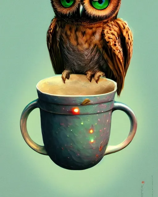 Image similar to long shot of a very cute owl chick nesting in a futuristic mug, esao andrews, humorous illustration, hyperrealistic, big depth of field, warm colors, whimsical cosmic night scenery, low light, 3 d octane render, 4 k, concept art, hyperdetailed, hyperrealistic, trending on artstation