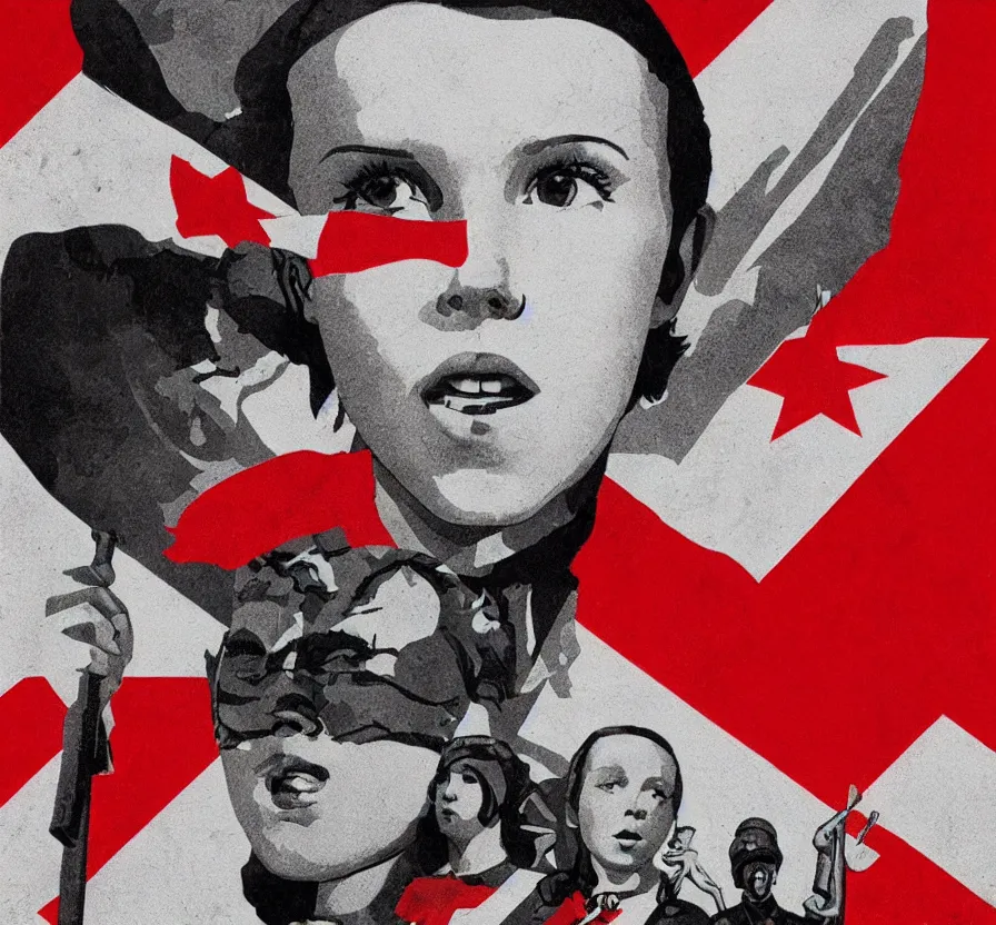 Image similar to millie bobby brown, urss flag, propaganda, poster, revolution, communist, high detail, year 1 9 4 4, russian letters, lenin, trending on artstation, illustration, film still, hammer and sickle