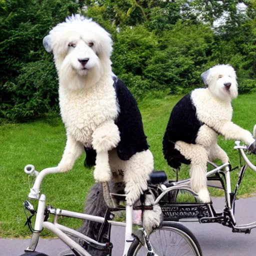 Image similar to two old english sheep dogs on a tandem bicycle