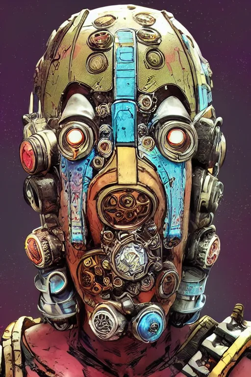 Prompt: Afrofuturis voodoo mask helmet bot borderland that looks like it is from Borderlands and by Feng Zhu and Loish and Laurie Greasley, Victo Ngai, Andreas Rocha, John Harris