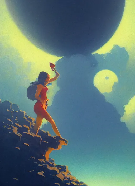 Image similar to closeup hyperdetailed shot if a gorgeous beautiful girl on the moon caring for ripen tomato plants inside a crater filled with smoke, planet Earth in the sky by Craig Mullins, ilya kuvshinov, krenz cushart, artgerm trending on artstation by Edward Hopper and Dan Mumford and WLOP and Rutkovsky, carl spitzweg and moebius, Unreal Engine 5, Lumen, Nanite