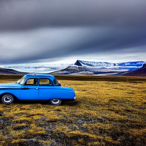 Prompt: a stunning wide angle HDR photograph of a blue vintage car in a field in Iceland, snowy mountain backdrop, shot from low angle