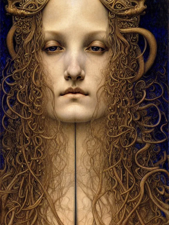 Image similar to detailed realistic beautiful young medieval queen face portrait by jean delville, gustave dore and marco mazzoni, art nouveau, symbolist, visionary, gothic, pre - raphaelite. horizontal symmetry