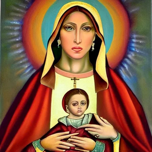 Image similar to Madonna Ciccone as the Virgencita, oil painting, high detail, beautiful