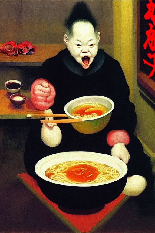 Image similar to evil and angry human giant baby eating a huge bowl of ramen in new york city, traditional chinese restaurant, hauntingly surreal, highly detailed painting by francis bacon, edward hopper, adrian ghenie, gerhard richter, and james jean soft light 4 k,