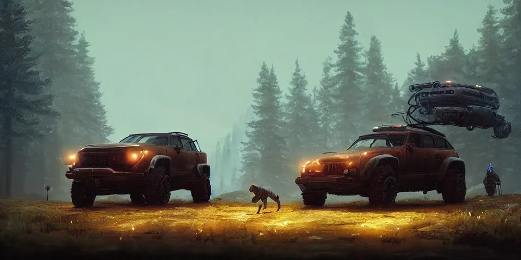 Prompt: a beautiful concept offroad suv, an epic fantasy, dramatic lighting, cinematic, establishing shot, extremely high detail, photorealistic, cinematic lighting, artstation, by simon stalenhag, midsommar