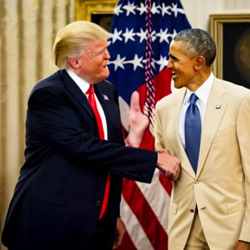 Image similar to Photo of Barack Obama smiling and shaking hands with Donald Trump wearing a blue shirt, realistic