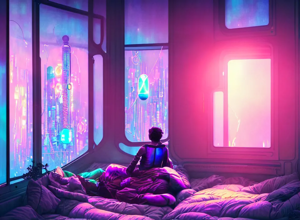 Image similar to telephoto photograph depicting the experience of acceptance in a cosy cluttered french sci - fi ( art nouveau ) cyberpunk apartment in a pastel dreamstate art cinema style. ( iridescent terrarium!, computer screens, window ( city ), leds, lamp, ( ( ( terrarium bed ) ) ) ), ambient light.