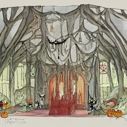 Image similar to interior, the hall in the castle decorated for halloween, in a small clearing among trees, drawn by hayao miyazaki, watercolor illustration for a book