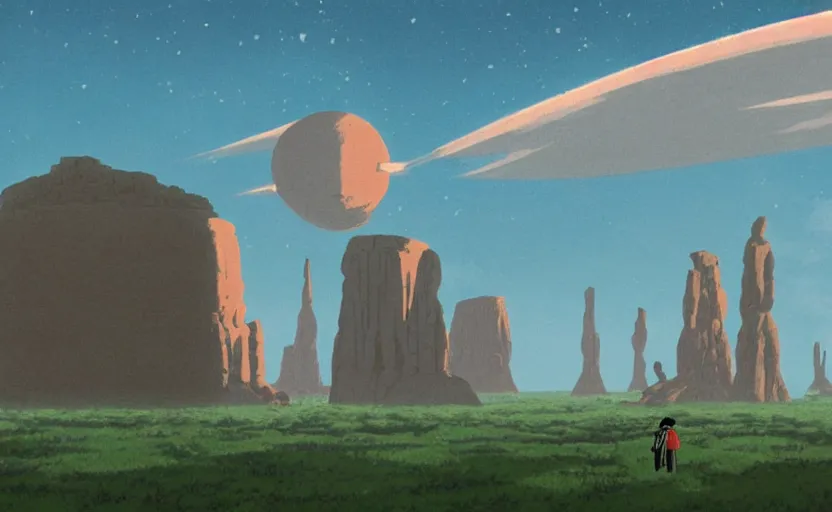 Image similar to a realistic cell - shaded studio ghibli concept art from paprika ( 2 0 0 6 ) of a cubic multi - colored rocketship from close encounters of the third kind ( 1 9 7 7 ) in a flooded monument valley stonehenge jungle jungle on a misty starry night. a camel caravan is in the foreground. very dull colors, portal, hd, 4 k, hq