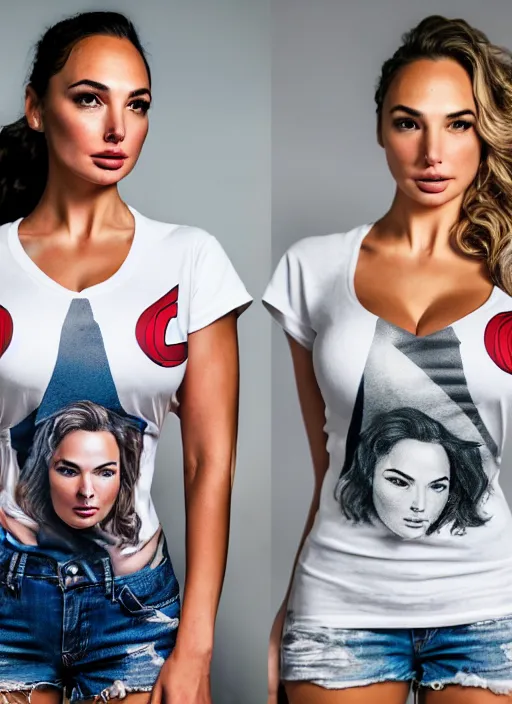 Image similar to portrait of lindsey pelas and gal gadot wearing t shirt in jakarta, by charlotte grimm, natural light, detailed face, beautiful features, symmetrical, canon eos c 3 0 0, ƒ 1. 8, 3 5 mm, 8 k, medium - format print, half body shot