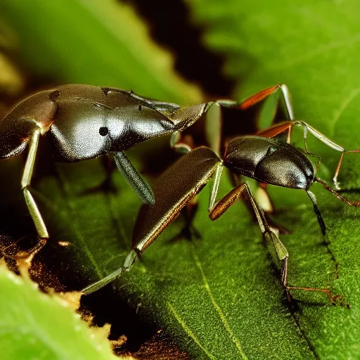 Prompt: bionic ants at war on a green leaf, macro photography, 8 k, cinematic lighting, shallow depth of field,