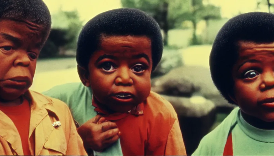 Image similar to 7 0 s film still from a horror movie of gary coleman and emmanuel lewis, kodachrome, cinecolor, cinestill, film grain, film texture, retro, cinematic, high resolution, photorealism,