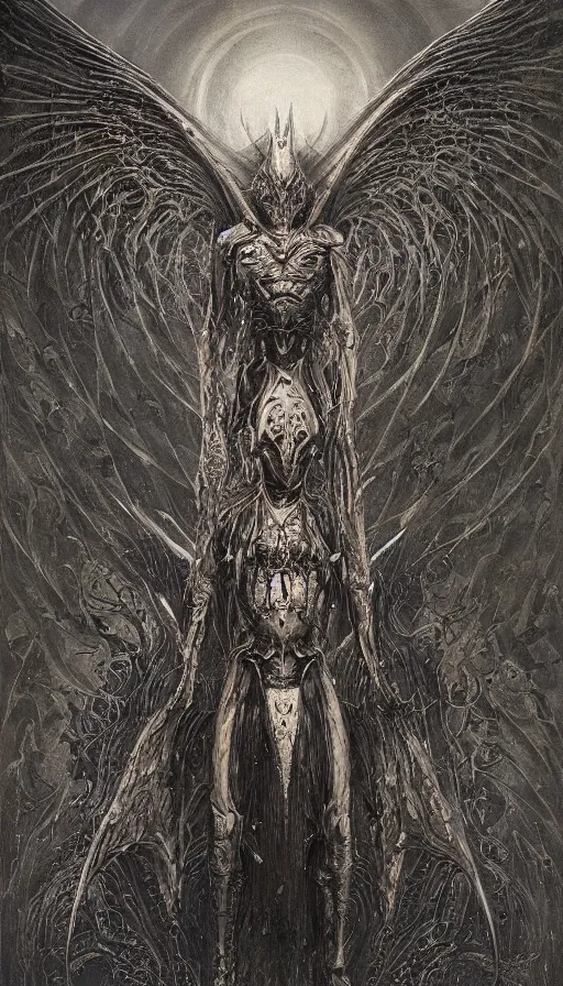 Image similar to Morningstar themed painting of symmetrical torso Satan's infernal armor anatomy with batlike wings and extended evil hands concept, intricate artwork by H.R. Giger, Johnatan Wayshak, Zdizslaw Beksinski, Ayami Kojima, Amano, Karol Bak, Moebius, and Mark Brooks, Neo-Gothic, gothic, rich deep colors, art by Takato Yamamoto, masterpiece, face by Artgerm, very coherent artwork, cinematic, hyper realism, high detail, octane render, unreal engine, 8k, High contrast, golden ratio, trending on cgsociety