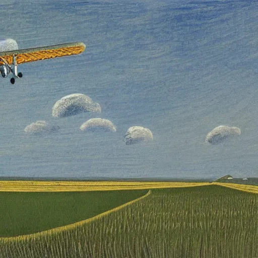 Image similar to a biplane flying low over a wheat field, by eric ravilious