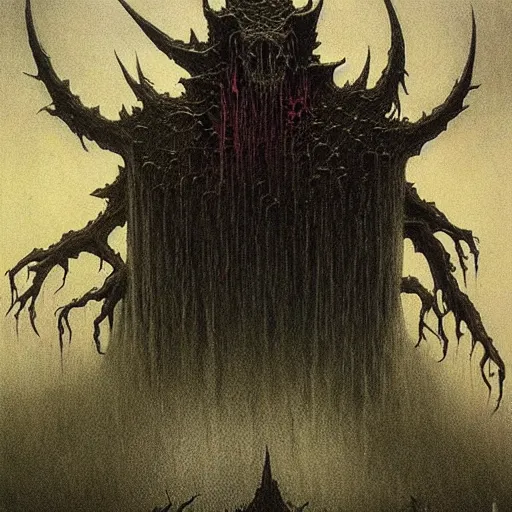 Prompt: shadowknight archfiend beksinski, eldritch, apocalypse, creepy creature, horror spooky