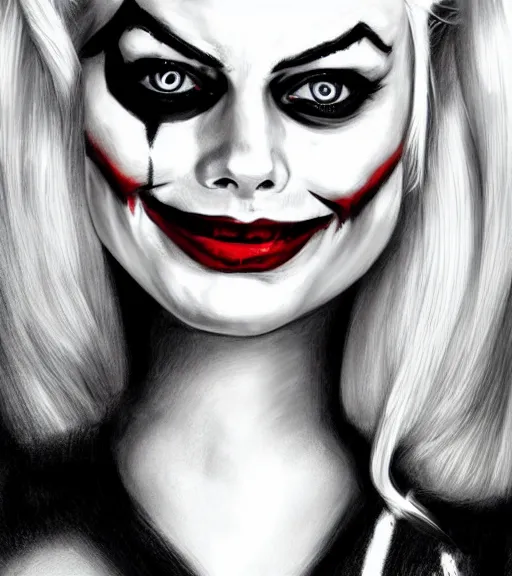 Image similar to a realism drawing of margot robbie as harley quinn with joker makeup, in the style of den yakovlev, realistic face, black and white, realism, hyper realistic, highly detailed