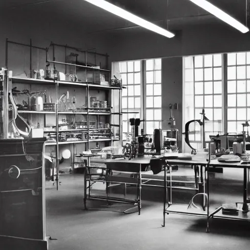 Prompt: photorealistic photo of the old scientific laboratory, white walls, wooden panels, lots of brass gadgets on the shelves, 4 k, film grain kodak