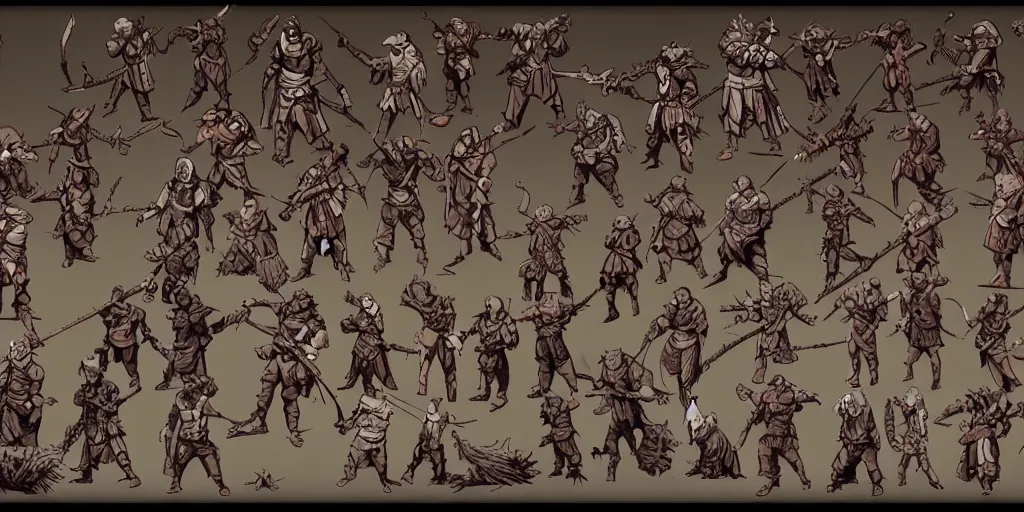 Image similar to warrior enemy character design. idle. attack. sprite sheet, darkest dungeon. pc game. sideview. transparent background. art by moebius and greg rutkowski.