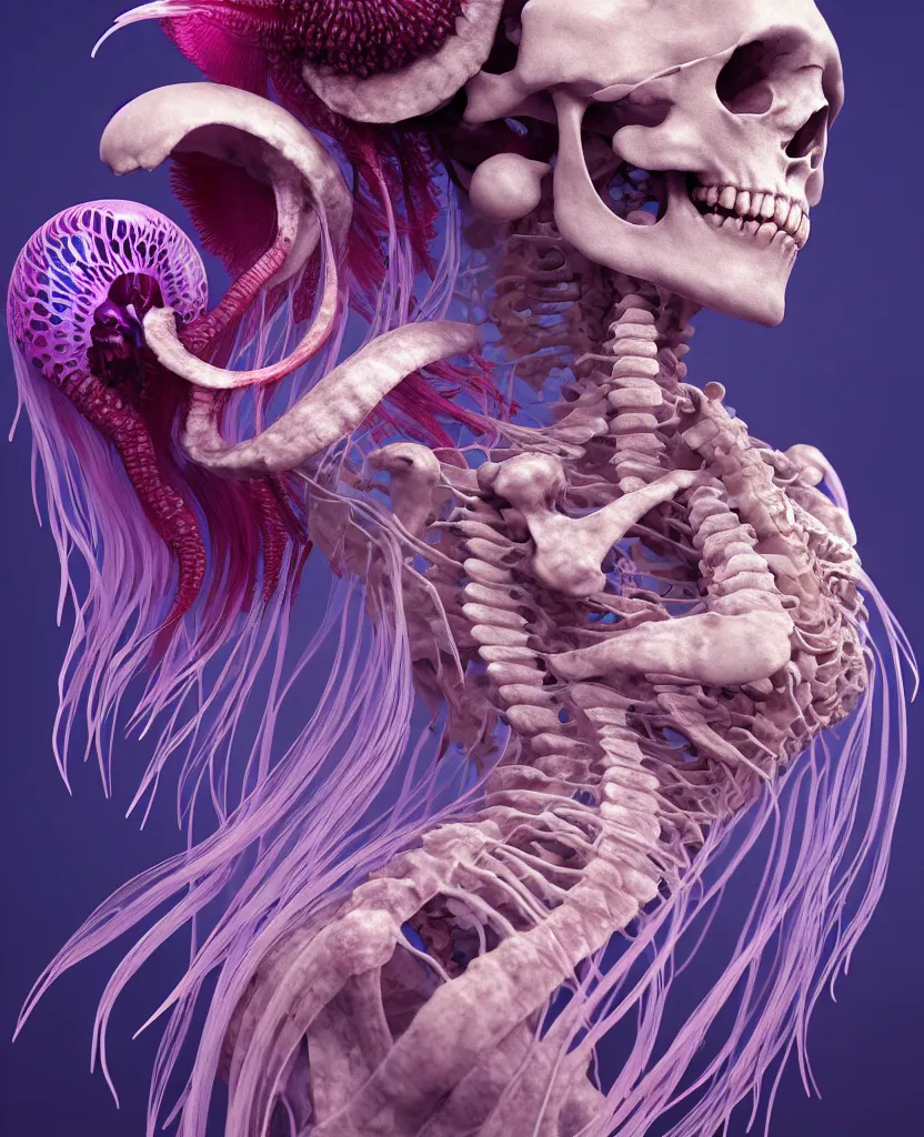 Image similar to goddess close - up portrait human skeleton, ram skull, jellyfish, orchid, betta fish, bioluminiscent, intricate artwork by tooth wu and wlop and beeple. octane render, trending on artstation, greg rutkowski very coherent symmetrical artwork. cinematic, hyper realism, high detail, octane render, 8 k