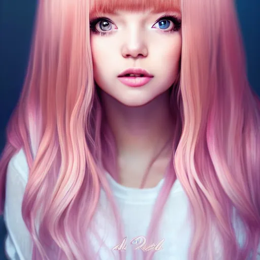 Image similar to beautiful hyperrealism hyperdetailed portrait of nikki from shining nikki dress - up game, a cute young woman, light pink hair, long hair with full bangs, full heart - shaped face, hazel amber eye color, pale skin, light blush, chinese heritage,, smiling softly, golden hour, soft focus, 8 k,