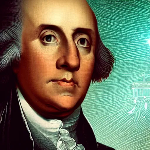 Image similar to “ unreal engine 5 render of a founding father with the declaration of independence with lasers coming out of the clouds, digital art ”