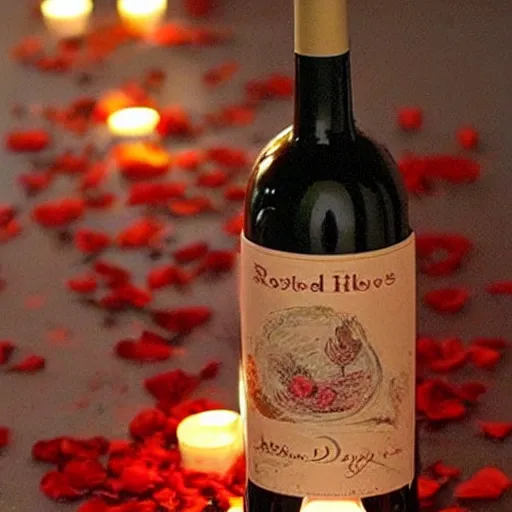 Image similar to beautiful wine bottle warmly lit covered artistically in scattered rose petals