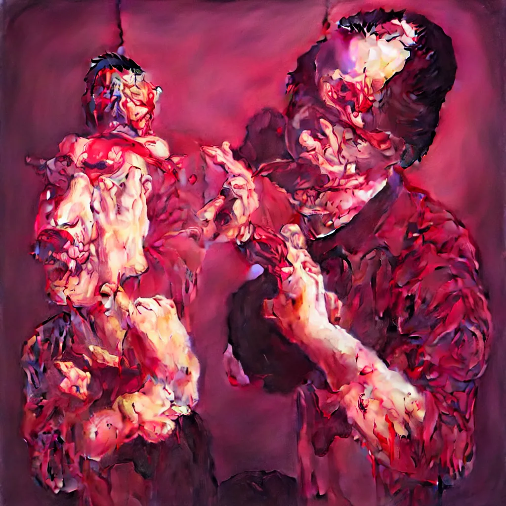 Image similar to weird and disturbing portrait of mike patton puking blood, vivid colors, death, neon, art by ( ( ( kuvshinov ilya ) ) ) and wayne barlowe and francis bacon and artgerm and wlop and william - adolphe bouguereau