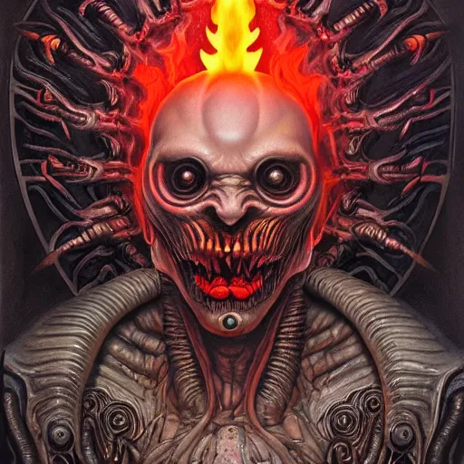 Image similar to giger doom demon portrait of satan, fire and flame, Pixar style, by Tristan Eaton Stanley Artgerm and Tom Bagshaw.