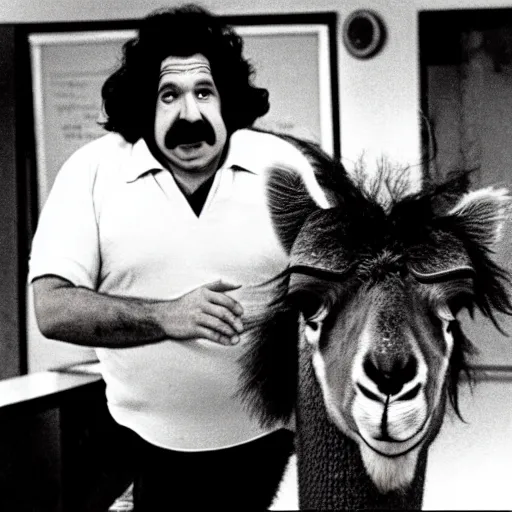 Prompt: movie still ron jeremy riding a llama in a classroom, 1 9 7 0 horror film style
