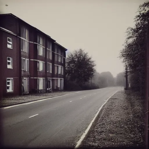 Prompt: Beautiful cameraphone, soft liminal Photograph of an estate road, early morning, small apartment