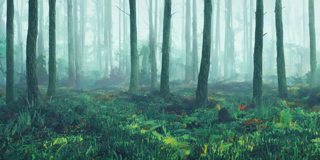 Image similar to abstract 3d landscape forest painting by james jean and David Schnell with 100 year old trees painted in no mans sky style, redshift, octane
