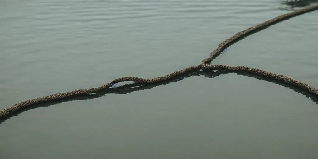 Image similar to an infinitely long rope floating to surface of water snaking zig zag in the center of the lake, overcast lake, 2 4 mm leica anamorphic lens, moody scene, stunning composition, hyper detailed, color kodak film stock