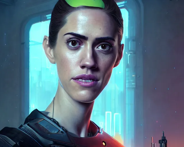 Image similar to highly detailed portrait of allison williams as an android, in detroit : become human, stephen bliss, unreal engine, fantasy art by greg rutkowski, loish, rhads, ferdinand knab, makoto shinkai and lois van baarle, ilya kuvshinov, rossdraws, tom bagshaw, global illumination, radiant light, detailed and intricate environment