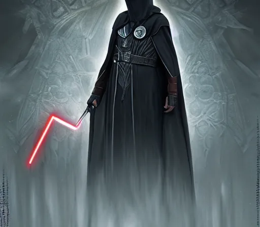 Image similar to ww 1 sith sorcerer, hooded cloaked sith lord, full head shot, covet death, full character concept art, highly detailed matte painting intricately beautiful, intricately detailed by dom qwek by darren bartley