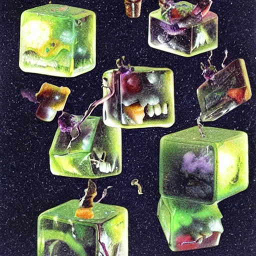 Image similar to gelatinous cubes being processed into magic items with the juice made from their bodies, d & d, dave mckean