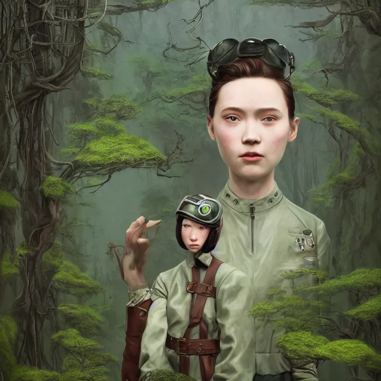 Image similar to highly detailed portrait of alone androgynous girl wearing bakelite leather jacket, bakelite rocky mountains, moss green japanese haunted forest background, by hsiao - ron cheng and artgerm, modular synthesizer helmet backpack, the grand budapest hotel, glow, no crop, digital art, artstation, pop art