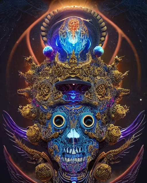 Prompt: 3 d ornate carved dark cosmic king with tattoos profile portrait, sigma 5 0 0 mm f / 5. beautiful intricate highly detailed quetzalcoatl skull. bioluminescent, plasma, lava, ice, water, wind, creature, thunderstorm! artwork by tooth wu and wlop and beeple and greg rutkowski, 8 k trending on artstation