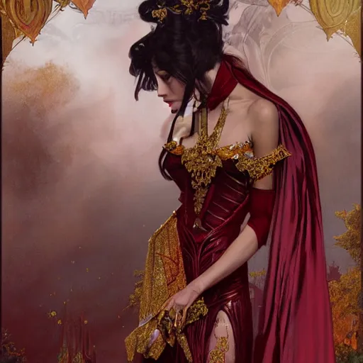 Prompt: an extremely detailed matte painting of a vampire queen in a resplendent and ostentatiously beautiful dark red dress with gold trim and black high heeled shoes at a masquerade ball, epic fantasy, viewed in profile from far away, sharp focus, detailed face, art by greg rutkowski and alphonse mucha, volumetric lighting, 4 k resolution, artstation