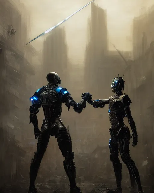 Image similar to highly detailed portrait of barbarians fist bumping in front of swords, lightning in background, cybernetic enhancements as seen from a distance, scifi character portrait by greg rutkowski, esuthio, craig mullins, 1 / 4 headshot, cinematic lighting, dystopian scifi gear, gloomy, profile picture, mechanical, half robot, implants, solarpunk