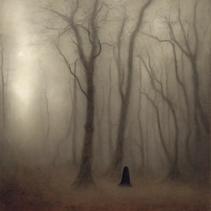 Image similar to a cloaked hooded figure in a foggy forest, by Odd Nerdrum