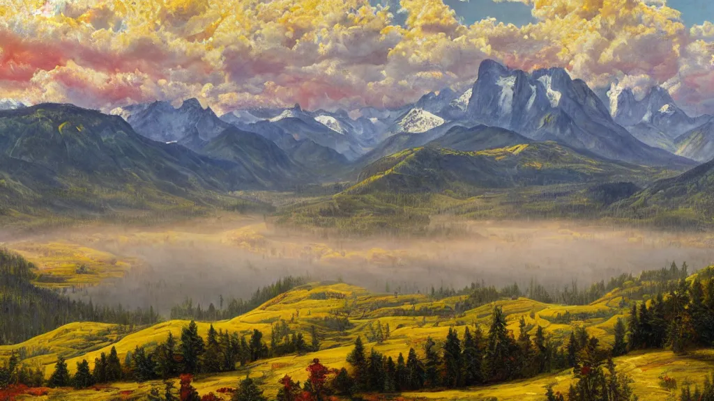 Image similar to The most beautiful panoramic landscape, oil painting, where the mountains are towering over the valley below their peaks shrouded in mist. The sun is just peeking over the horizon producing an awesome flare and the sky is ablaze with warm colors and cirrus clouds. The river is winding its way through the valley and the trees are starting to turn yellow and red, by Greg Rutkowski, aerial view