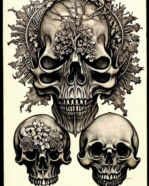 Image similar to memento mori by arthur rackham, art forms of nature by ernst haeckel, exquisitely detailed, art nouveau, gothic, ornately carved beautiful skull dominant, intricately carved antique bone, art nouveau botanicals, ornamental bone carvings, art forms of nature by ernst haeckel, horizontal symmetry, arthur rackham, ernst haeckel