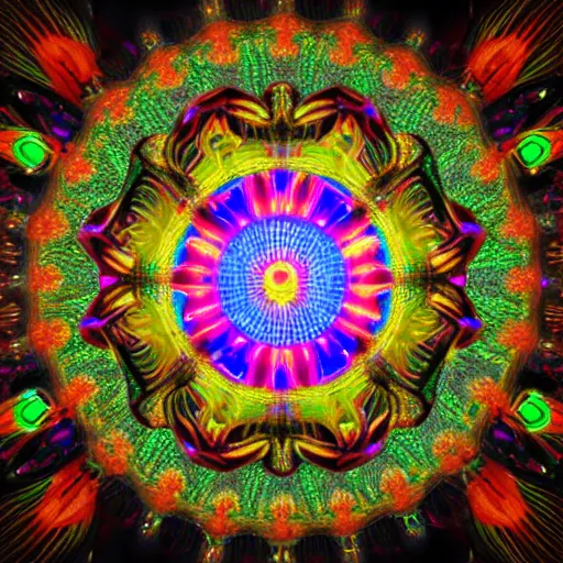 Prompt: iridescent mandala, intricate, 3 d, unreal engine, vray, psychedlic colors, prism, featured on artstation, crystal